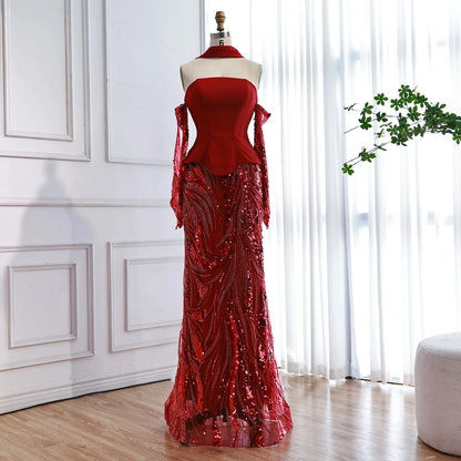 Luxury Wine Red Mermaid Evening Dress With Gloves LA73050E - SERENE HILL