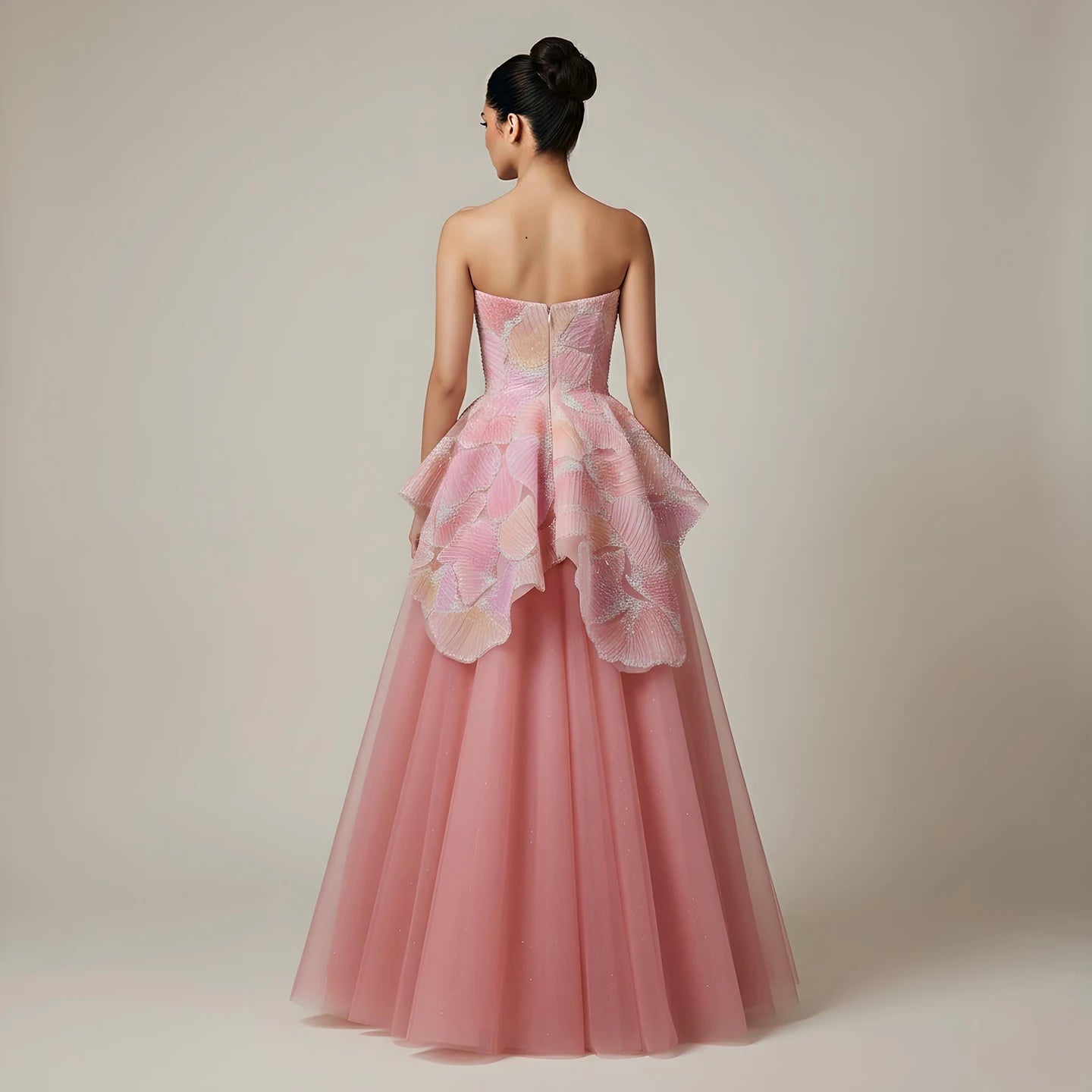 Luxury Peach Floral Appliqué A-Line Sparkly Evening Dress LA73185 - SERENE HILL