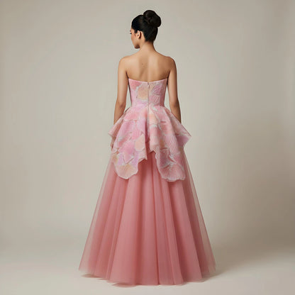 Luxury Peach Floral Appliqué A-Line Sparkly Evening Dress LA73185 - SERENE HILL