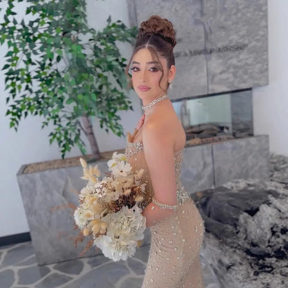 Luxury Nude Crystal Beaded Mermaid Evening Gown with Gloves LA73138 - SERENE HILL