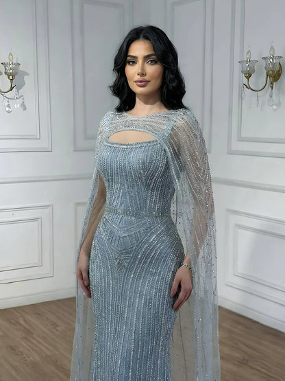 Luxury Blue Diamond Evening Dress With Cape LA73426 - SERENE HILL