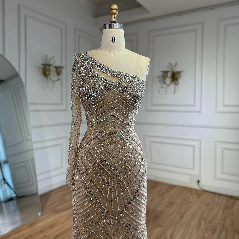 Luxury Nude One Shoulder Long Sleeve Beaded Evening Dress LA73180 - SERENE HILL