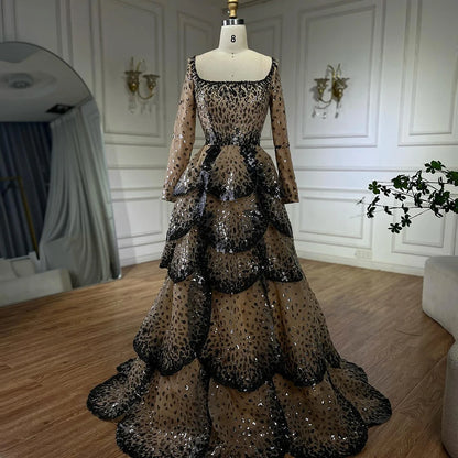 Luxury Black Nude Sequin Evening Dress with Long Sleeves LA72505B - SERENE HILL