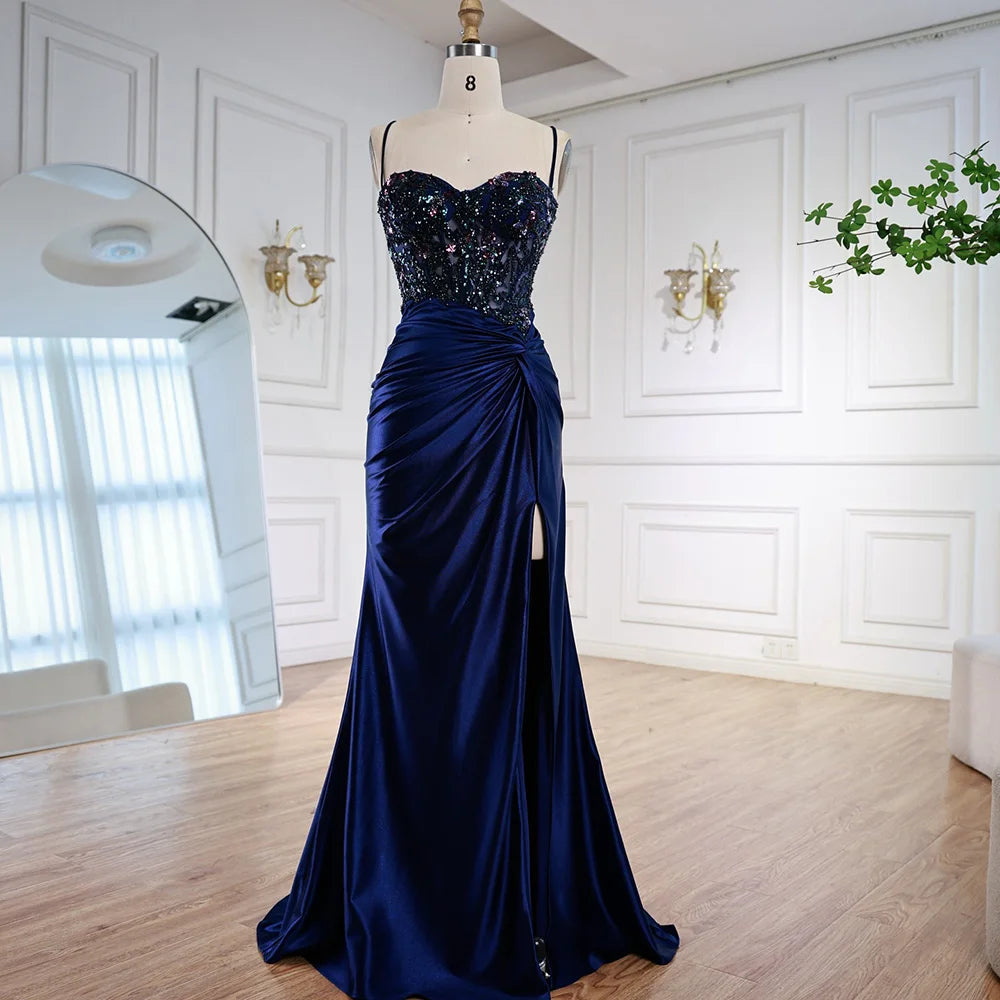 Classy Light Green Satin Prom Dress with Lace and Slit LA73032A - SERENE HILL