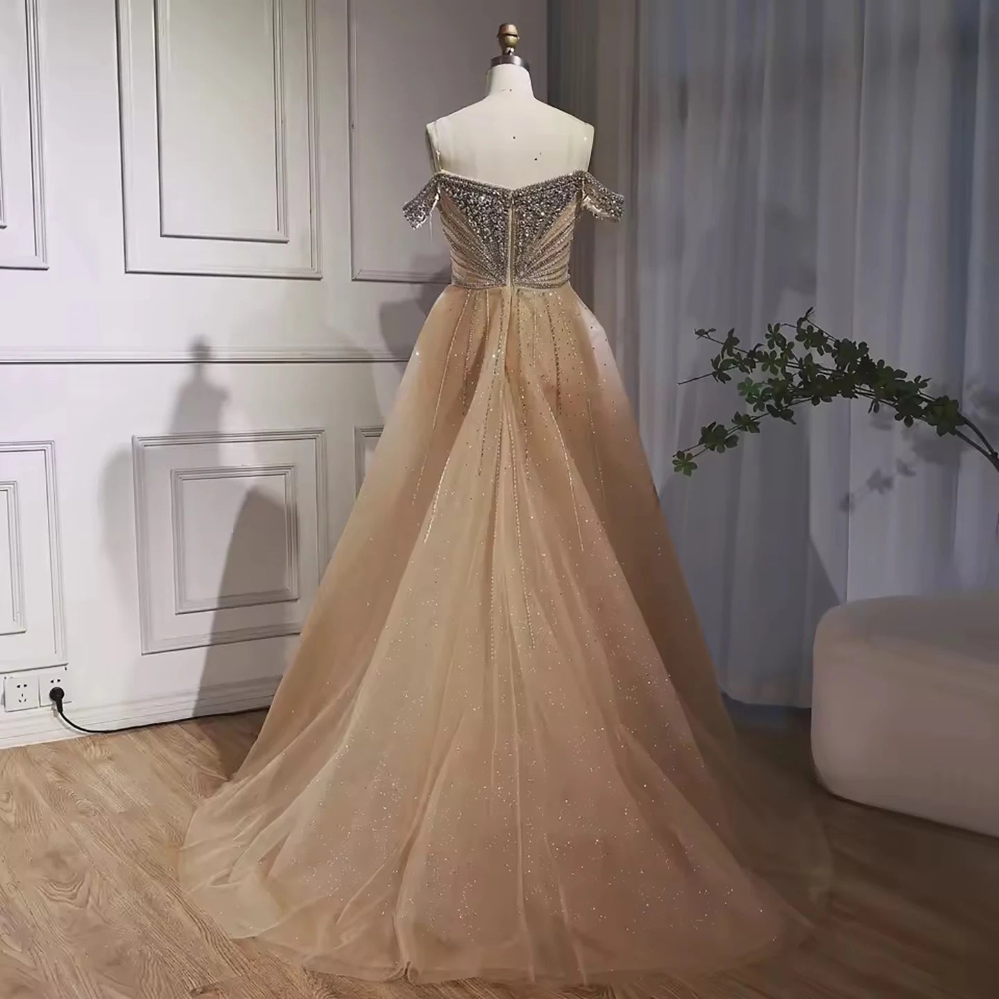 Luxury Beaded Nude Off Shoulder Mermaid Evening Dress LA73392 - SERENE HILL