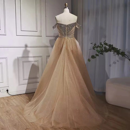 Luxury Beaded Nude Off Shoulder Mermaid Evening Dress LA73392 - SERENE HILL