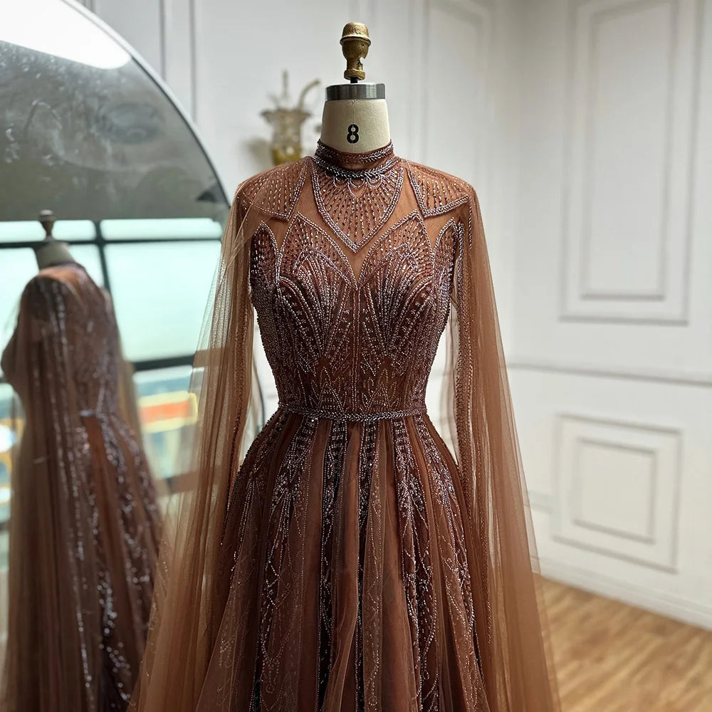 Luxury Brown Beaded Evening Gown with Cape Arabic Style LA72951 - SERENE HILL
