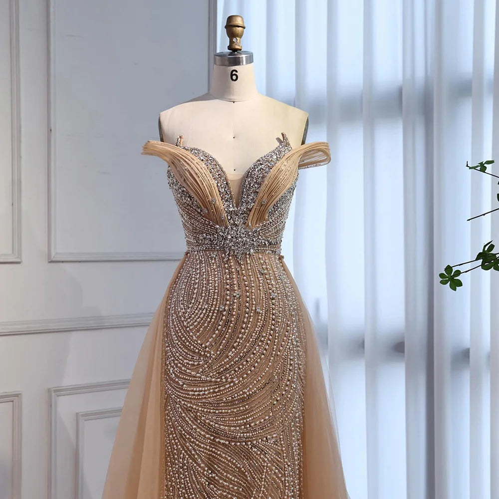 Luxury Nude Mermaid Off Shoulder Beaded Evening Dress with Overskirt LA73131 - SERENE HILL