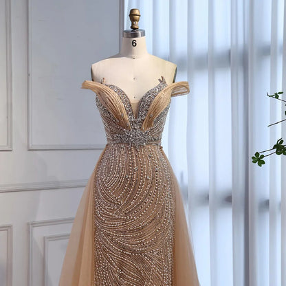Luxury Nude Mermaid Off Shoulder Beaded Evening Dress with Overskirt LA73131 - SERENE HILL