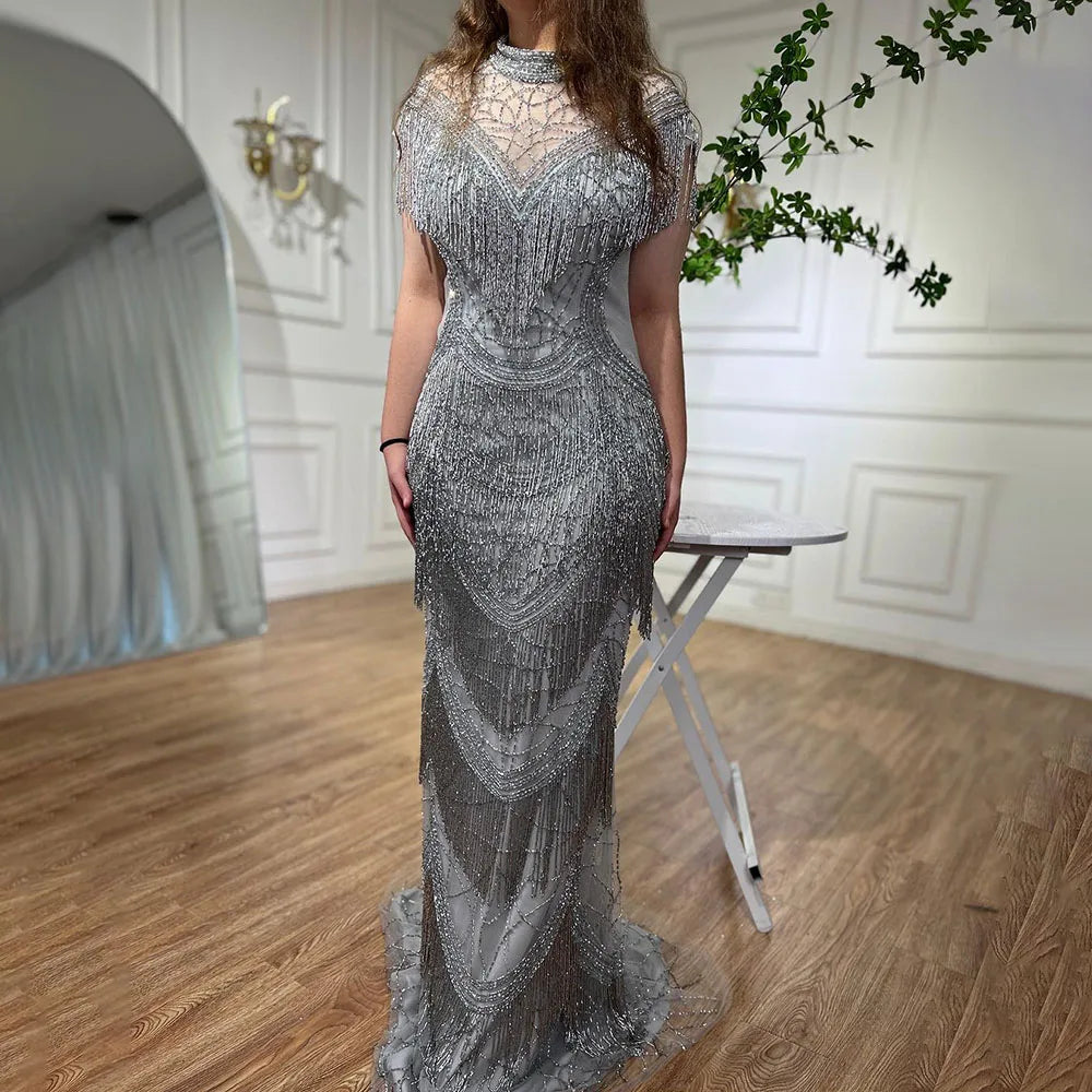 Serene Hill Grey Mermaid Luxury Evening Dresses Gowns Cap Sleeves Beading Tassel Sexy For Women Party 2025 LA70529 - SERENE HILL