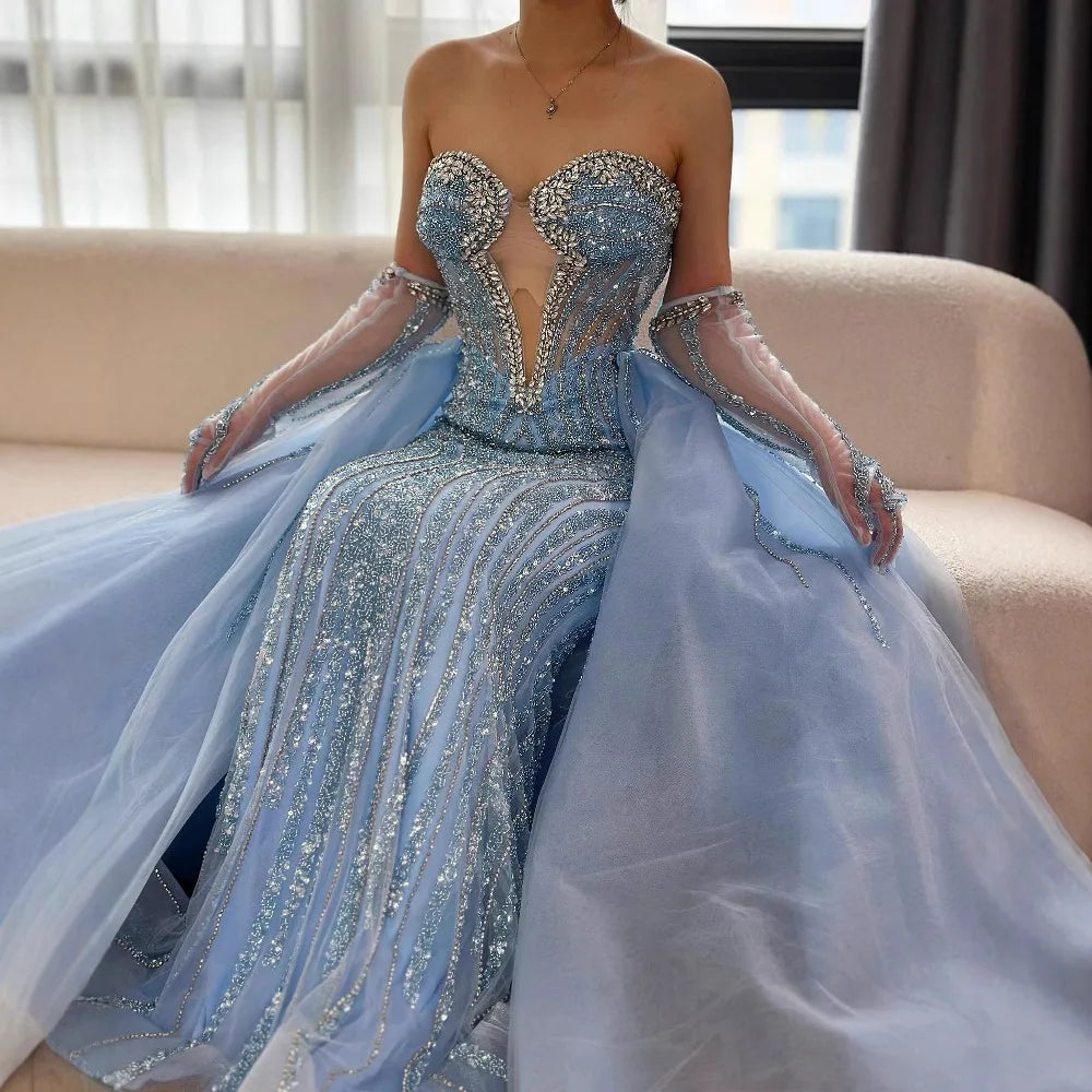 Luxury Blue Mermaid Evening Dress with Gloves and Overskirt LA72582 - SERENE HILL
