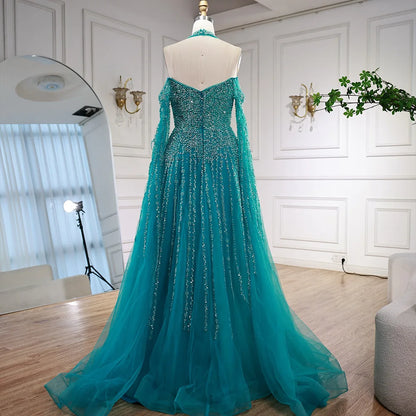 Luxury Turquoise Beaded A Line Evening Dress with Cape Sleeves LA72820 - SERENE HILL