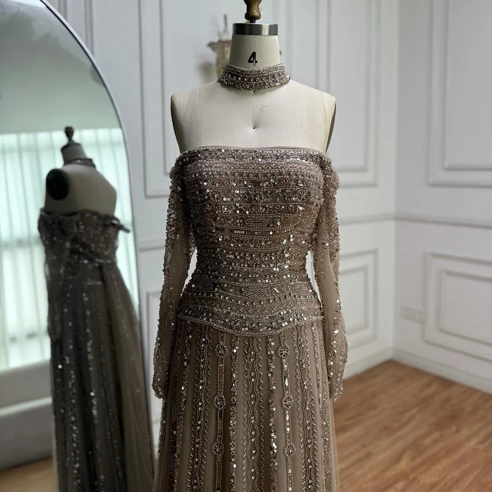 Luxury Caramel Off Shoulder Beaded Mermaid Evening Dress Long Sleeves LA73053 - SERENE HILL