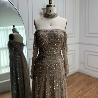 Luxury Caramel Off Shoulder Beaded Mermaid Evening Dress Long Sleeves LA73053 - SERENE HILL