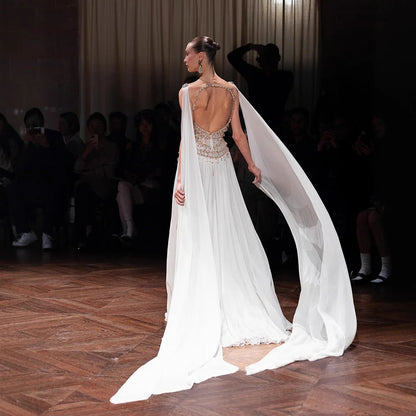 Luxury White Chiffon Cape Evening Dress with Beaded Bodice LA73123 - SERENE HILL