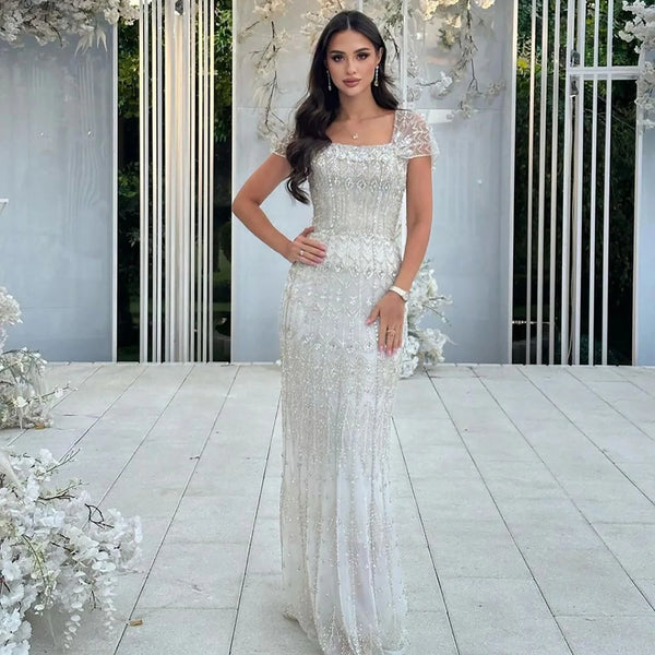 Luxury Dubai White Mermaid Beaded Evening Dress with  Cape Sleeves LA72714