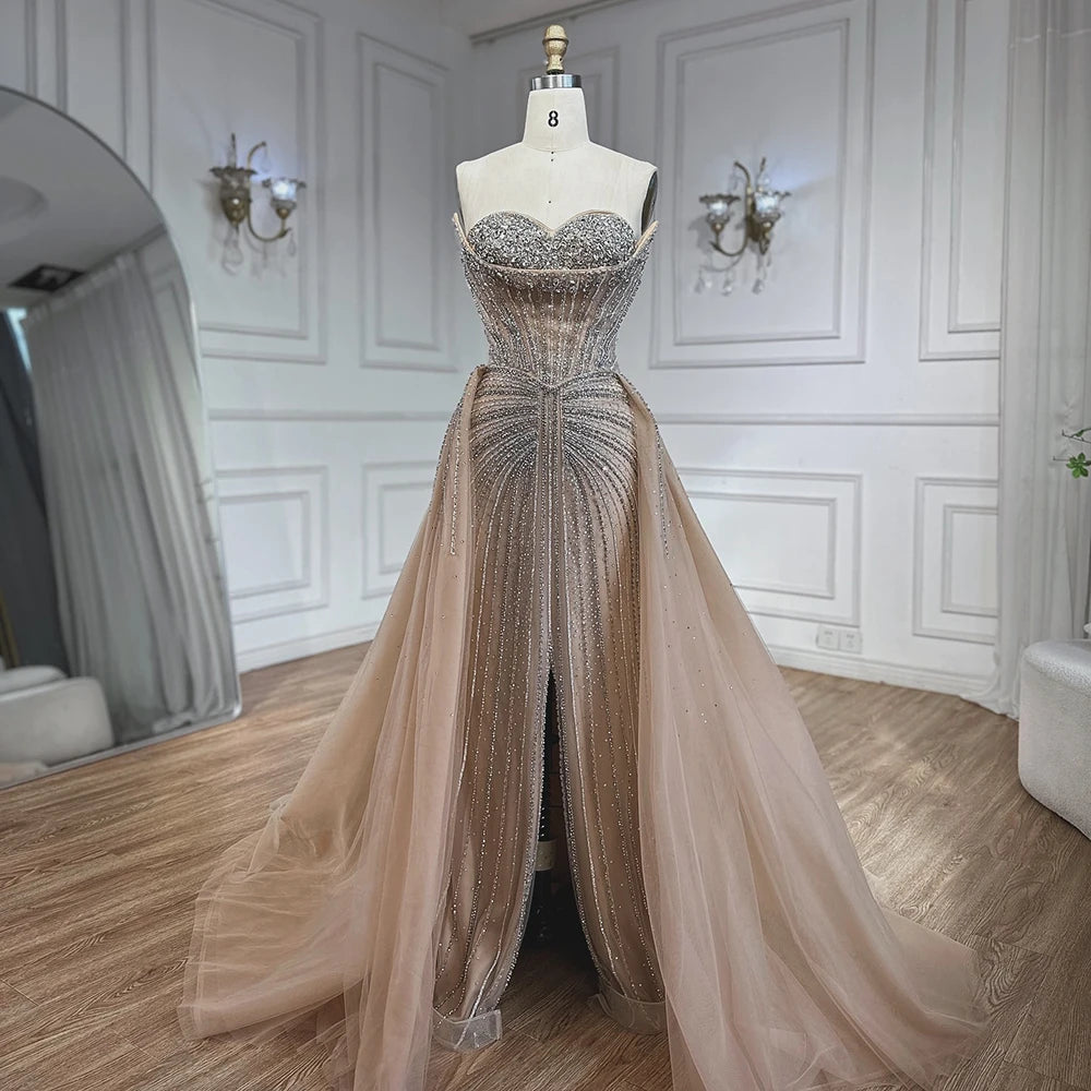 Luxury Dubai Nude Beaded Mermaid Evening Dress with Overskirt LA72811 - SERENE HILL