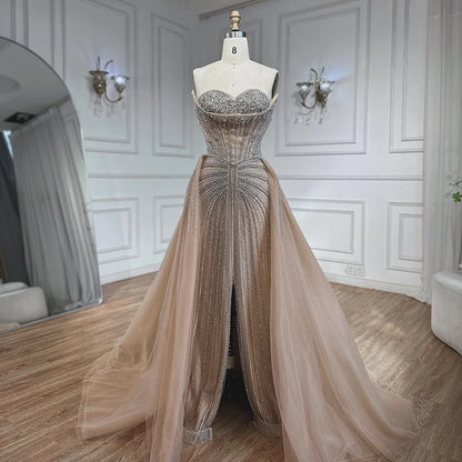 Luxury Dubai Nude Beaded Mermaid Evening Dress with Overskirt LA72811 - SERENE HILL