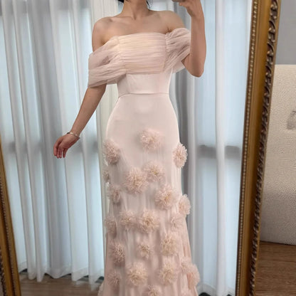 Elegant pink 3D flower off-shoulder evening dress LA72943 - SERENE HILL