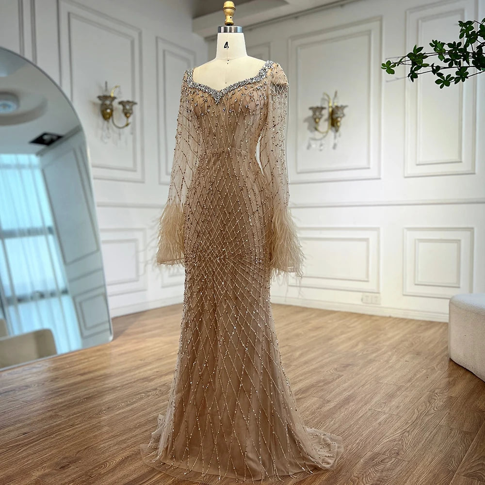 Luxury Nude Beaded Evening Dress with Feather Cuffs LA72892 - SERENE HILL