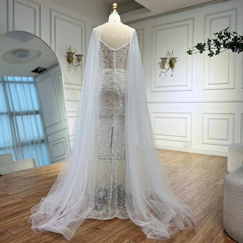 Luxury White Sequin Mermaid Evening Dress with Cape LA72996 - SERENE HILL