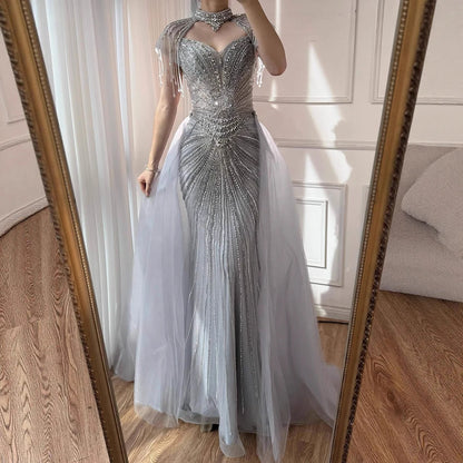 Luxury Nude Beaded Mermaid Evening Dress with Overskirt LA73182 - SERENE HILL