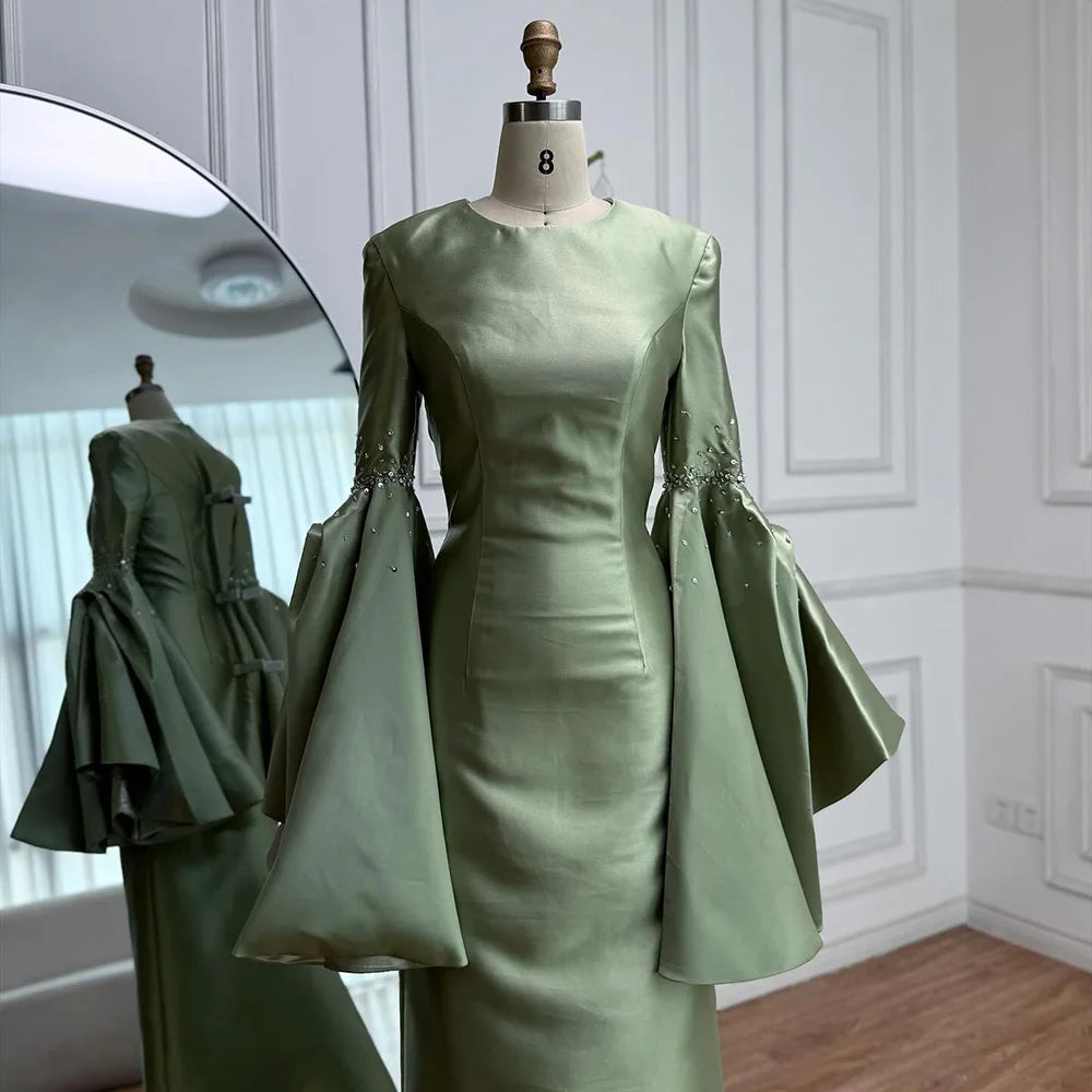 Luxury Sage Green Satin Evening Dress with Bell Sleeves 2025 LA73094 - SERENE HILL