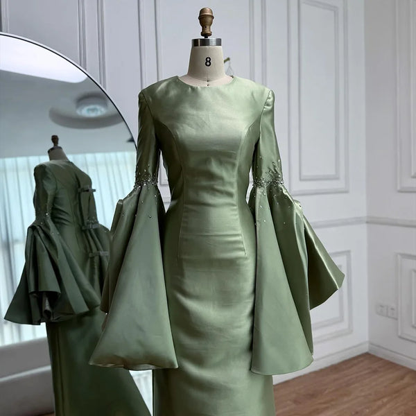 Luxury Sage Green Satin Evening Dress with Bell Sleeves 2025 LA73094