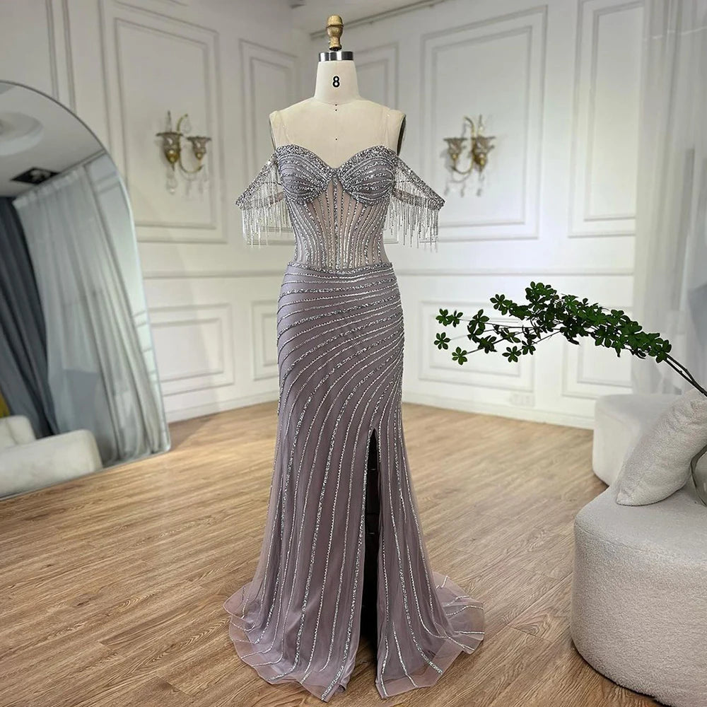 Silver Nude Beaded Tassel Boat Neck Mermaid Evening Dress with Split LA72391 - SERENE HILL