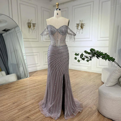 Silver Nude Beaded Tassel Boat Neck Mermaid Evening Dress with Split LA72391 - SERENE HILL