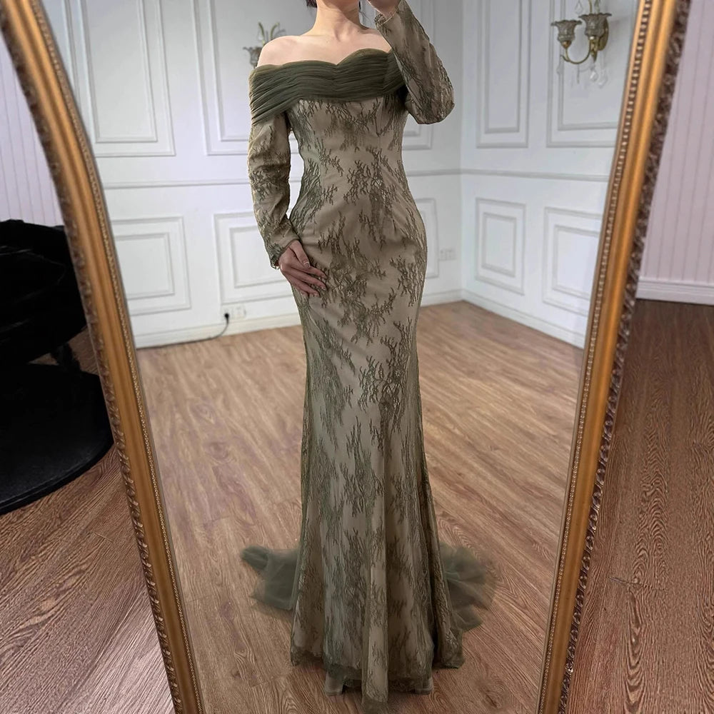 Elegant Olive Green Evening Dress with Lace Sleeves LA72942 – SERENE HILL