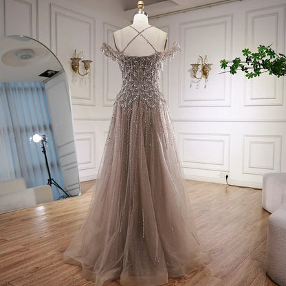 Luxury Arabic Caramel Off Shoulder Beaded A Line Evening Dress LA71606 - SERENE HILL