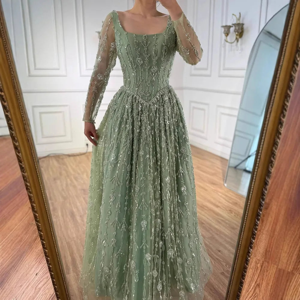 Luxury Sage Green Beaded Evening Dress with Long Sleeves LA72805B - SERENE HILL