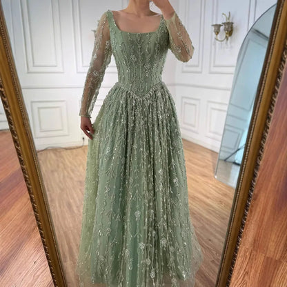 Luxury Sage Green Beaded Evening Dress with Long Sleeves LA72805B - SERENE HILL