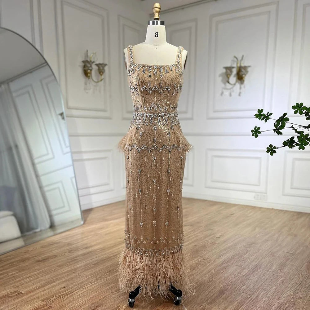 Bling Gray Mermaid Feather Arabic Midi Evening Dress with Cape LA72334 - SERENE HILL