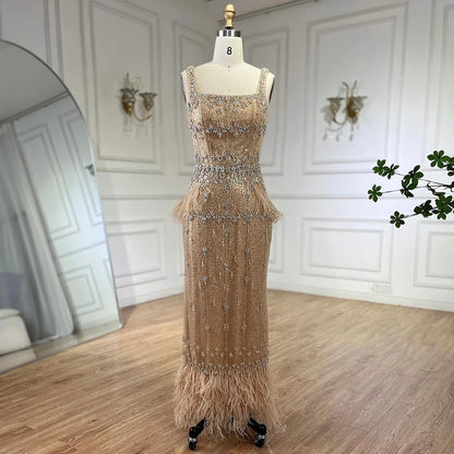 Bling Gray Mermaid Feather Arabic Midi Evening Dress with Cape LA72334 - SERENE HILL