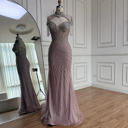 Luxury Pink Beaded Tassel Mermaid Evening Dress Long Gown LA73184 - SERENE HILL
