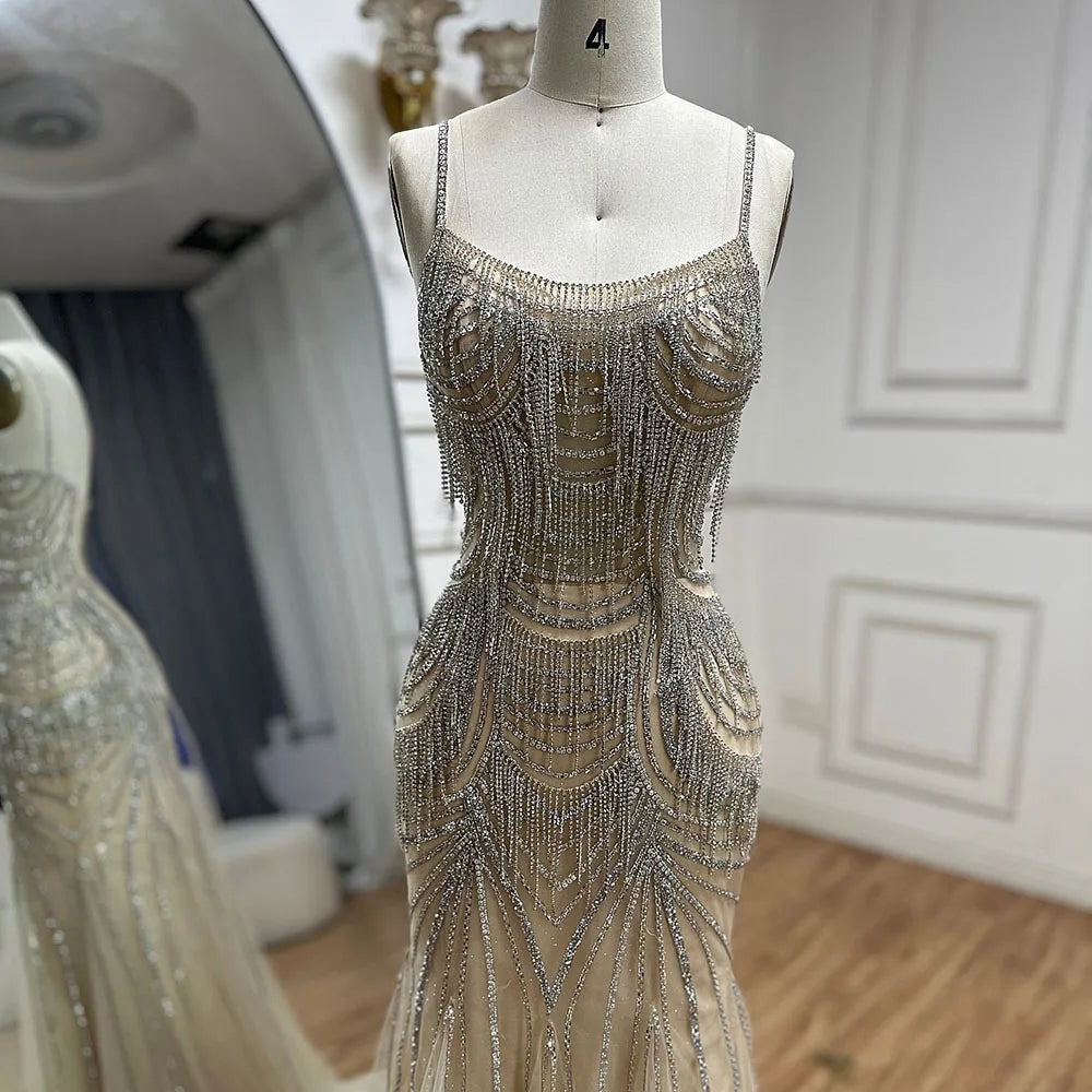 Luxury Nude Pink Crystal Tassel Mermaid Evening Dress LA72772 - SERENE HILL
