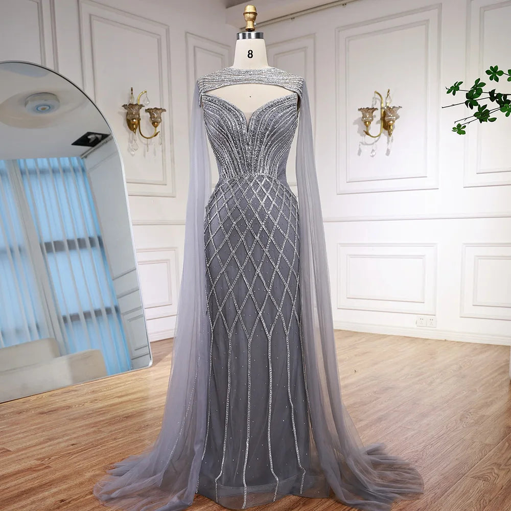 Luxury Nude Beaded Mermaid Evening Dress with Cape LA72814 - SERENE HILL