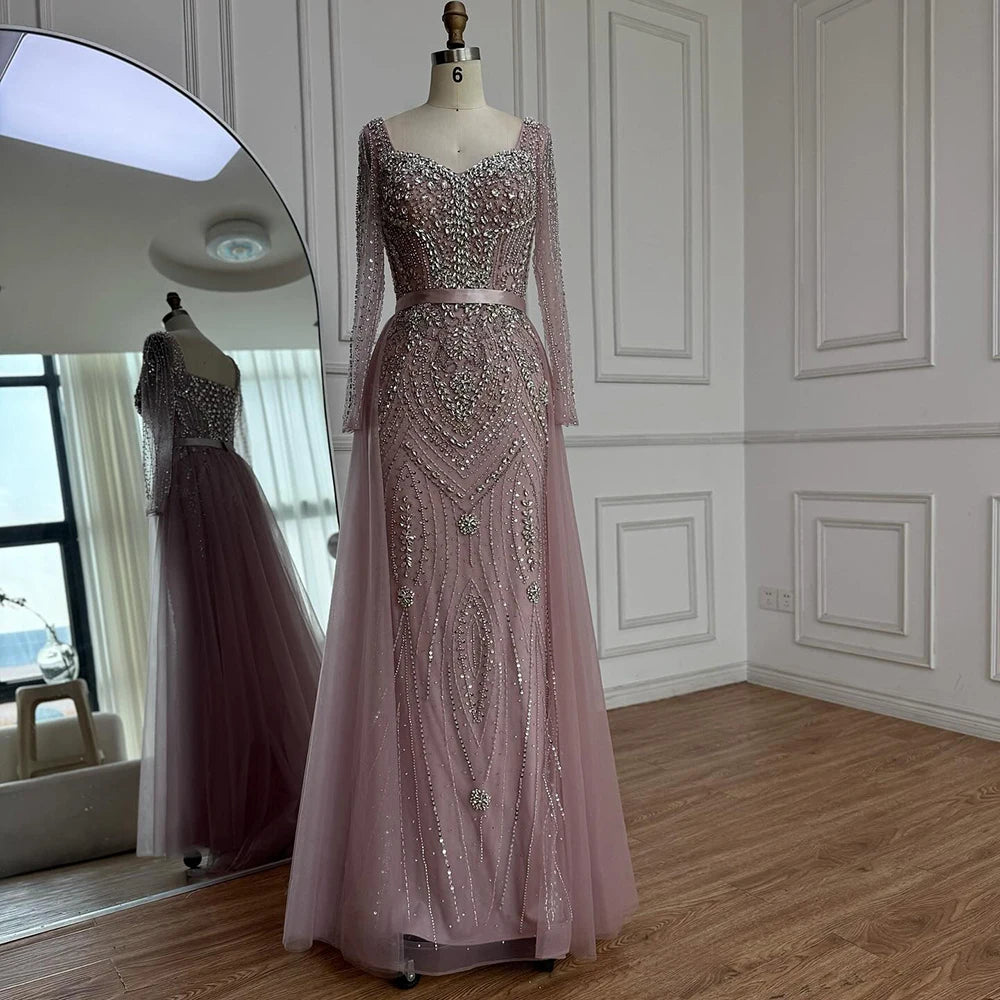 Luxury Nude Beaded Mermaid Evening Dress with Overskirt LA73190 - SERENE HILL