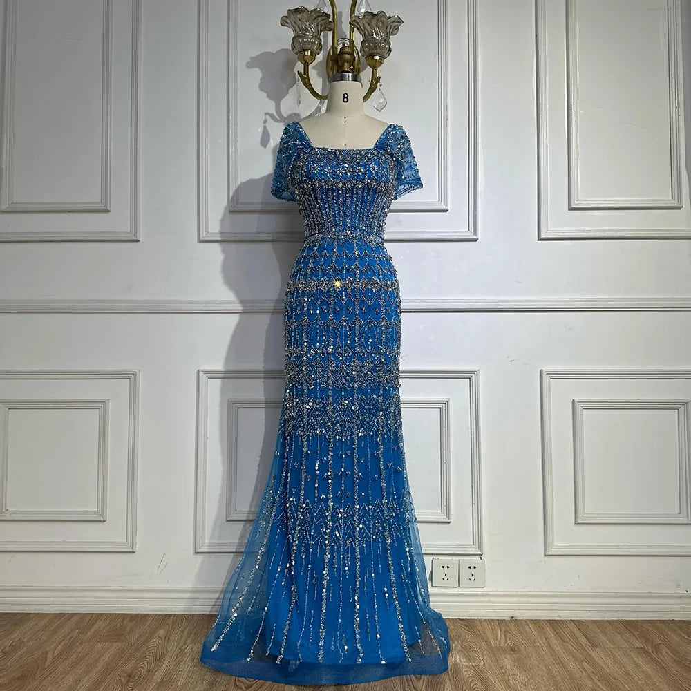 Luxury Dubai White Mermaid Beaded Evening Dress with Cape Sleeves LA72714 - SERENE HILL