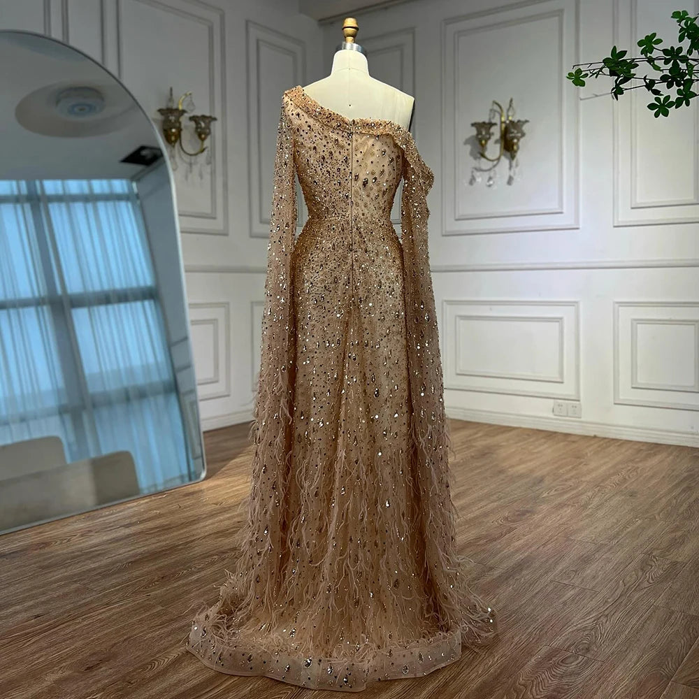 Luxury Feather One Shoulder Evening Dress with Cape Sleeves LA72763 - SERENE HILL