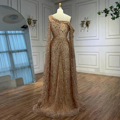 Luxury Feather One Shoulder Evening Dress with Cape Sleeves LA72763 - SERENE HILL