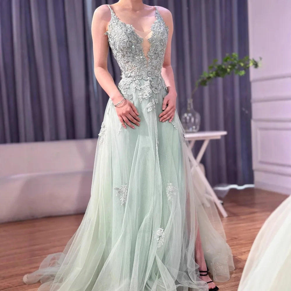 Luxury Sage Green Lace A Line Prom Dress with Spaghetti Straps LA73005 gray blue / 4 Luxury Sage Green Lace A Line Prom Dress with Spaghetti Straps LA73005 gray blue / 4