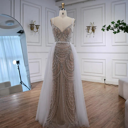 Nude Beaded Arabic Evening Gown with Spaghetti Straps LA72253A - SERENE HILL