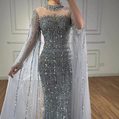 Luxury Nude Beaded Evening Dress with Long Cape Sleeves LA72714A - SERENE HILL