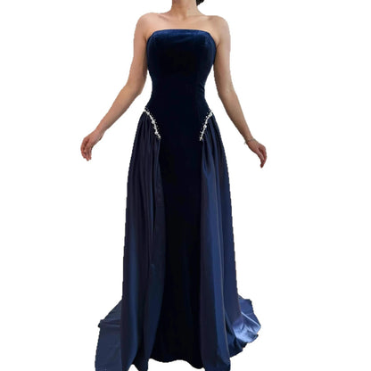 Luxury Navy Blue Mermaid Pearls Evening Dress Gowns With Skirt LA73351 - SERENE HILL