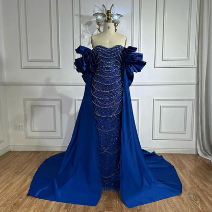 Red Long Cape Pearls Beaded Mermaid Evening Dress Gown LA72585A - SERENE HILL