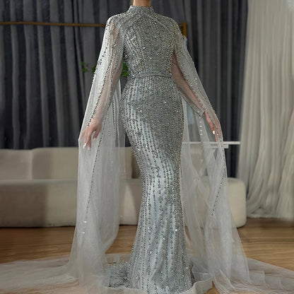 Luxury Modest Nude Pearls Beaded Evening Dress With Long Sleeves Cape LA72372 - SERENE HILL