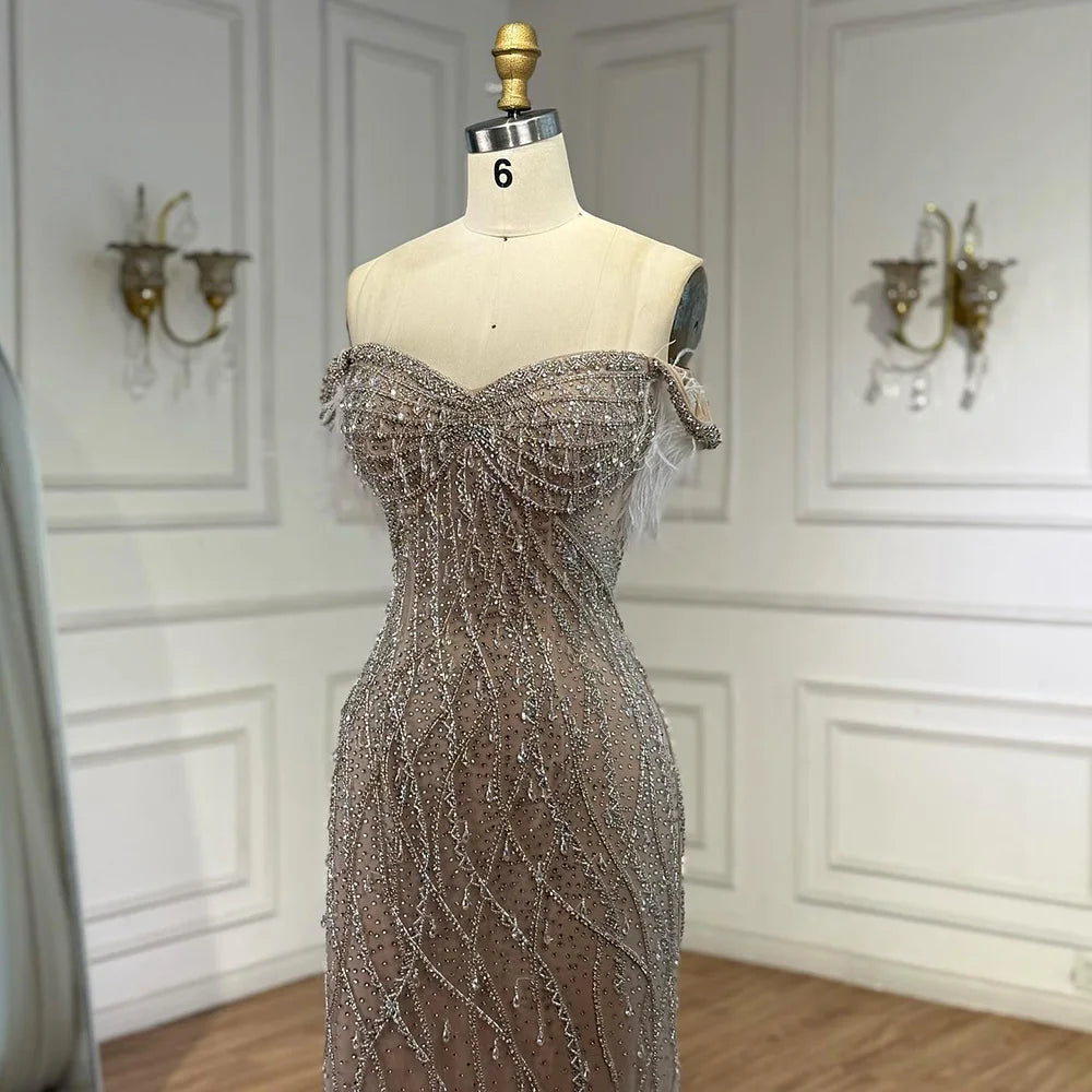 Luxury Nude Beaded Feather Mermaid Evening Dress Dubai Style LA72818 - SERENE HILL